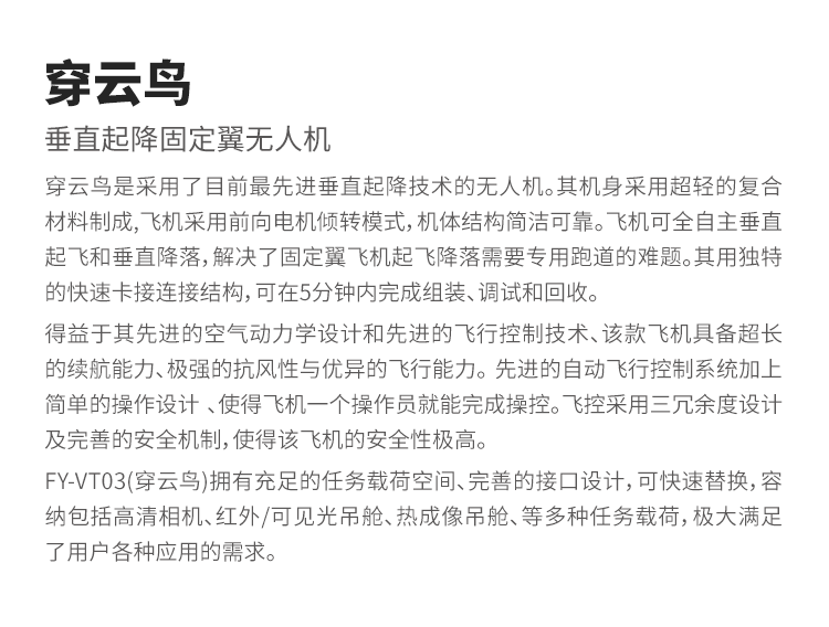 飞宇穿云鸟FY-VT03工业级航测无人机 垂直起降飞控地面站定制方案